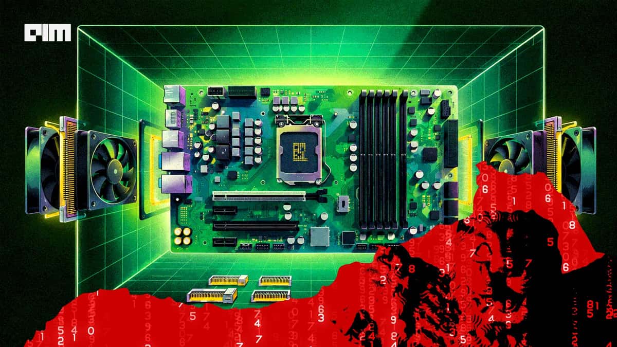 A glowing motherboard and cooling fans symbolise enterprise AI infrastructure, while a red digital data landscape highlights the risks and challenges of scaling AI.