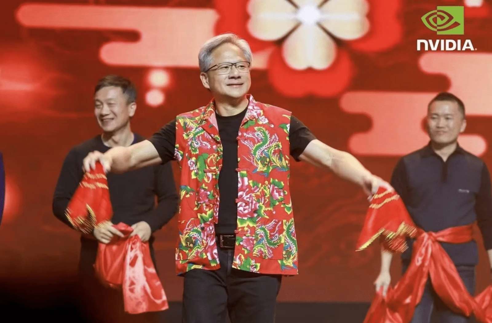 Jensen Huang Sheds Black Jacket for Red Floral Vest
