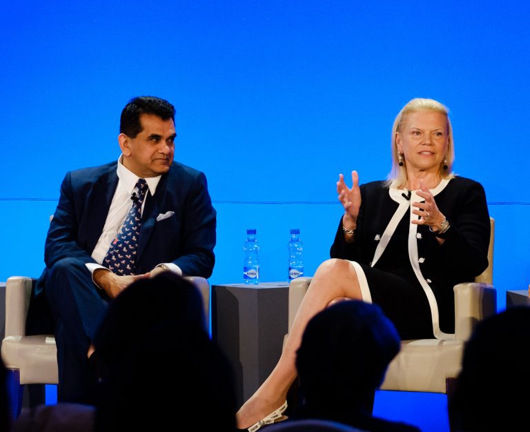 Ginni Rommetty Chairman & CEO IBM with Amitabh Kant CEO Niti Aayog seen together at the IBM Skills Summit in New Delhi